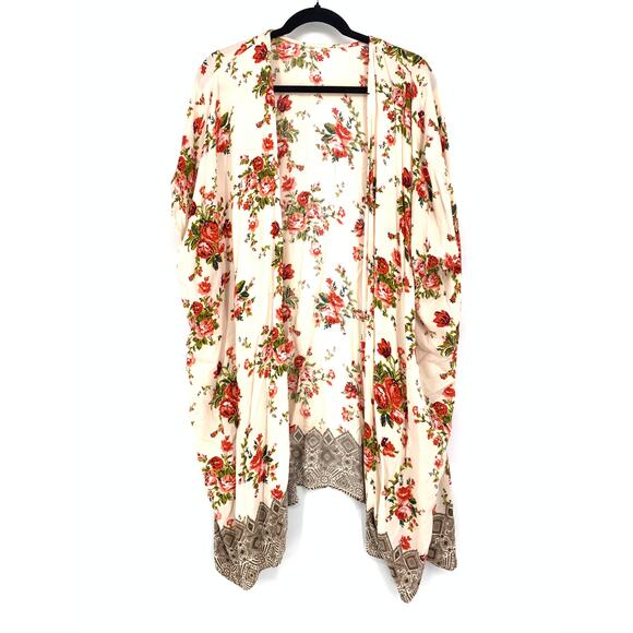 Unbranded Women's Size Medium Floral Lace Trimmed Kimono Cream Red - Picture 1 of 5
